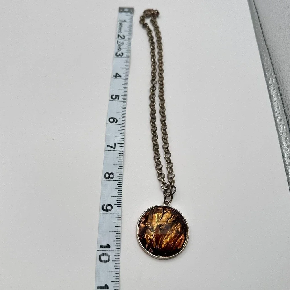 Vintage 90s Silver‎ Tone Amber Foil Glass Round Pendant Necklace Women's Jewelry
